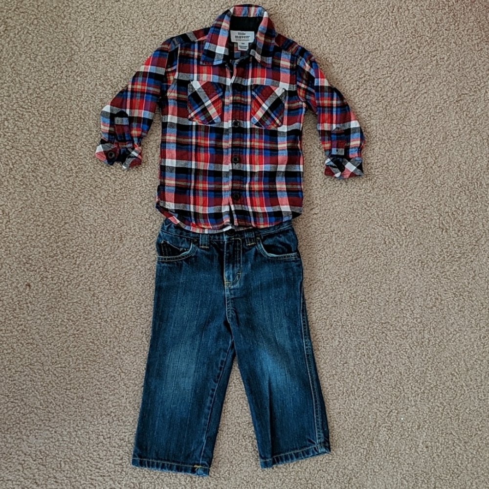 Little Maven Plaid Long Sleeve Shirt and Jeans.